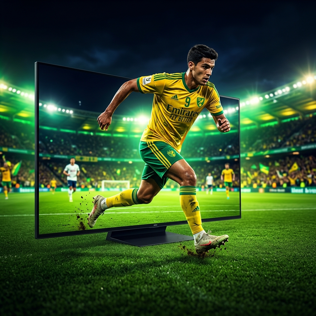Jogador de futebol saindo da TV 3D em 4K